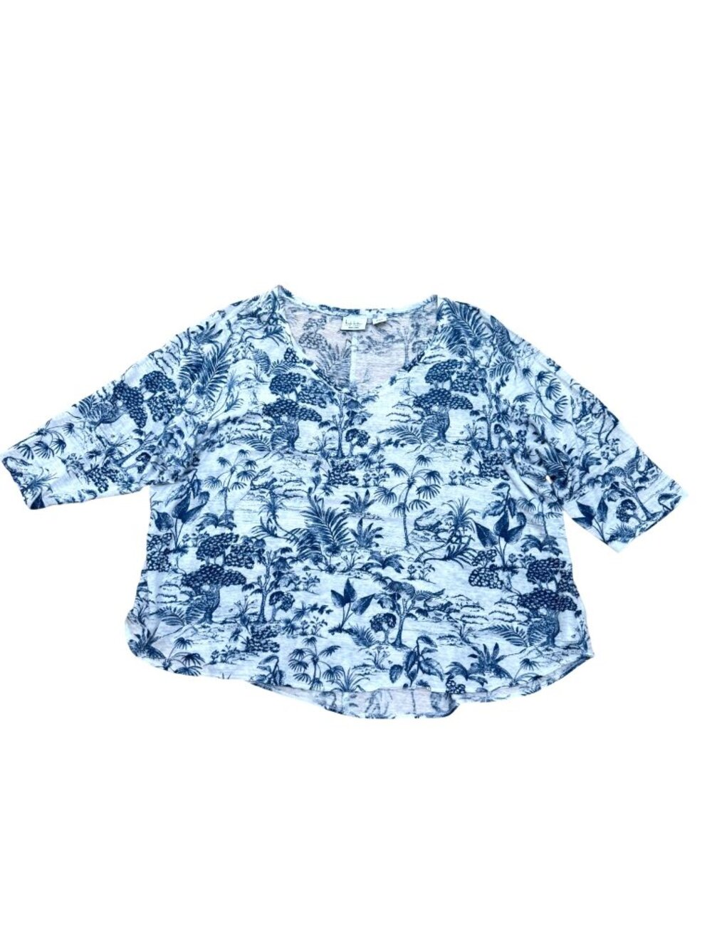 Nicole Miller Women's 3/4 Sleeve Top 3X Blue Linen Tropical Print V-Neck Resort